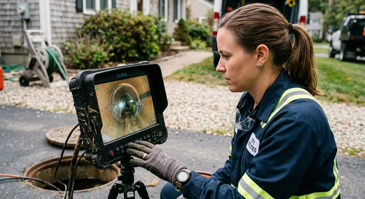 Technician reviewing sewer camera inspection footage in Northgate