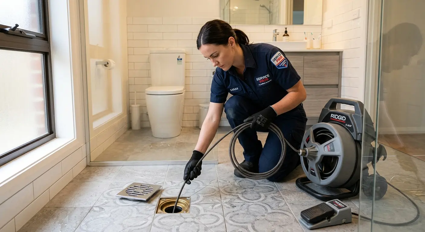 Technician clearing a bathroom floor drain for Sewer Line Installation in Northgate